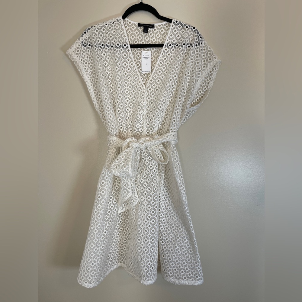 Banana Republic Womens Dress Sz 8 White See Through Cover Over Short Sleeves